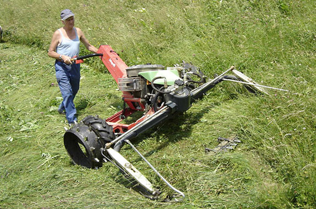 portal mowing systems driven on both sides e.g. via rocker arm and connecting rods